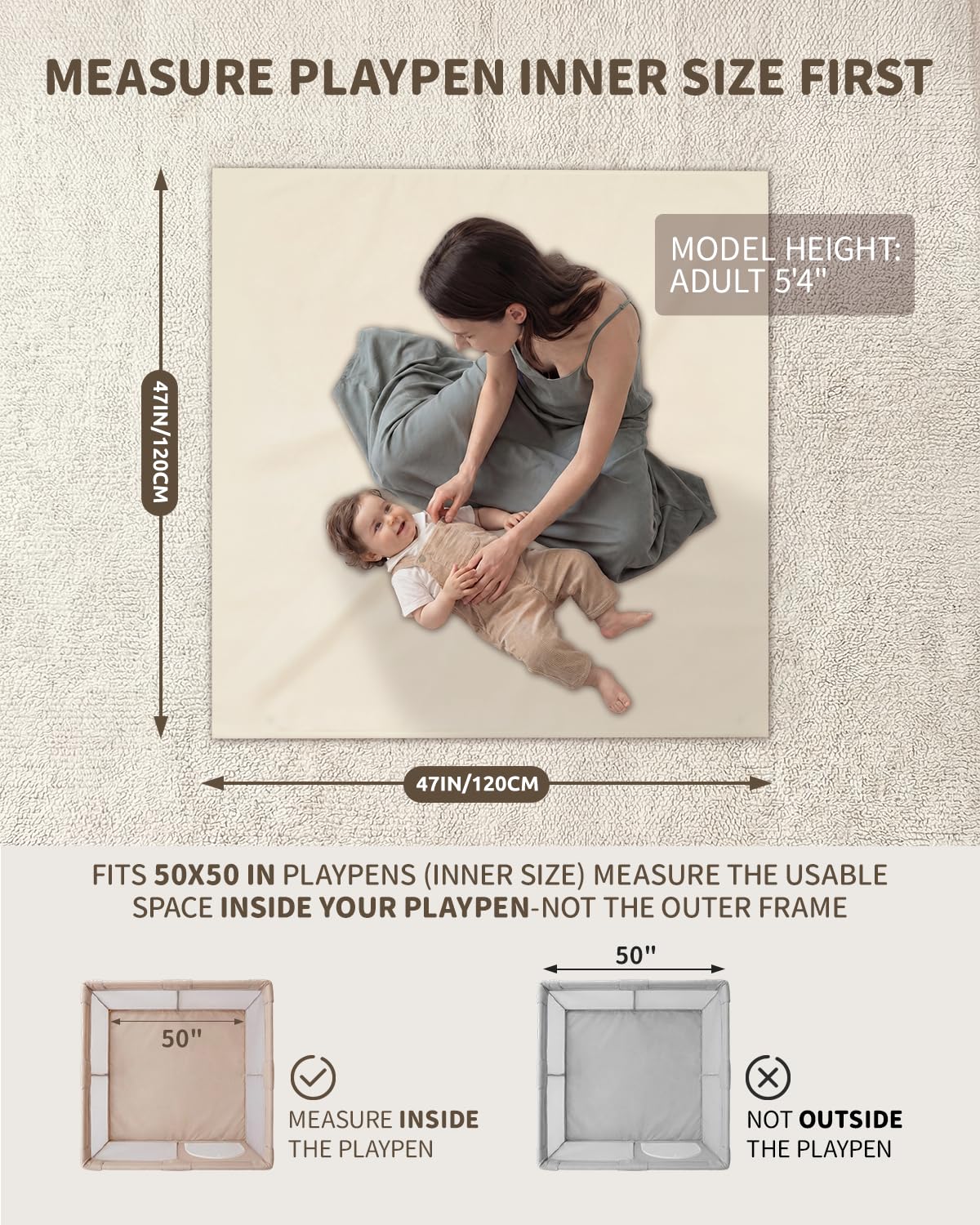 Baby Play Mat for Floor 47x47, 1.5” Thick Vegan Leather Crawling Mat with Removable Cover, Waterproof - photo 3