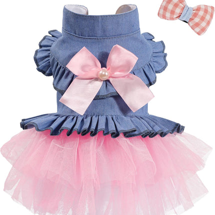 Dog Dress, Fashion Puppy Tutu Princess Dresses for Small Dogs Girl, Sweet Skirt with Dog Bowknot Clips, Spring Dog Cat Clothes Pet Apparel (Denim Princess Dress, XX-Small)