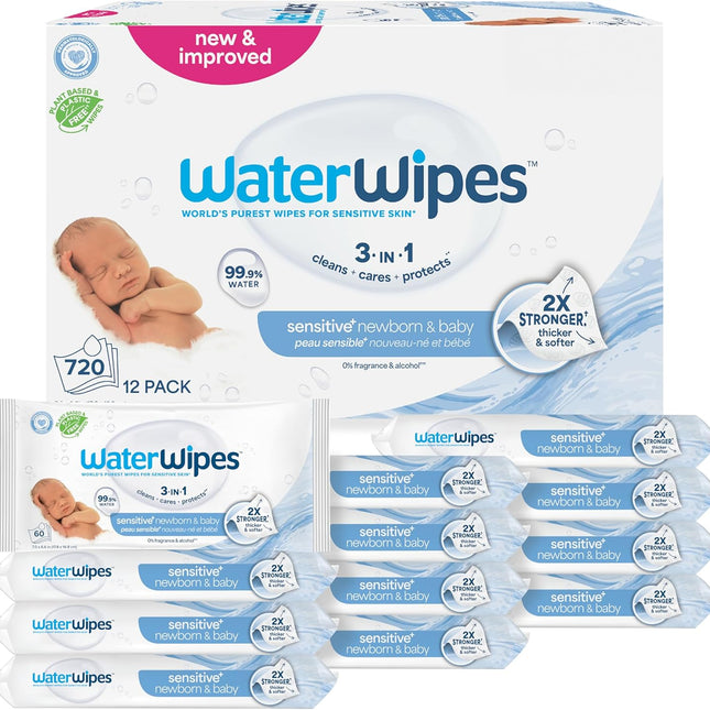 WaterWipes Sensitive+ Newborn & Baby Wipes, 3-In-1 Cleans, Cares, Protects, 99.9% Water, Unscented & Hypoallergenic, 720 Count (12 Packs)