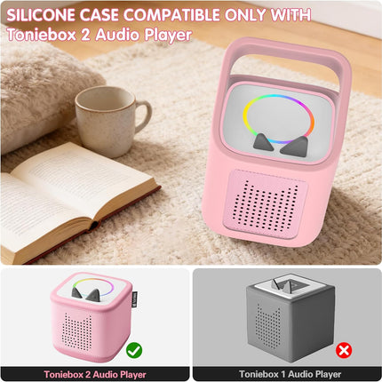 Silicone Case for Toniebox 2 Audio Player, Shockproof & Scratch-Resistant Portable Protective Cover Sleeve for Tonies Toniebox 2 Accessories with Carry Handle (Pink)