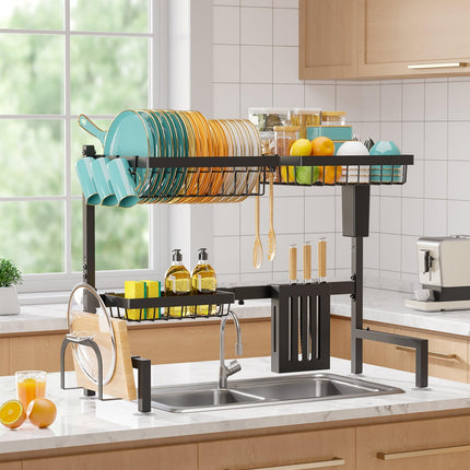 Over The Sink Dish Drying Rack - Adjustable 2 Tier Large Capacity Stainless Steel Drainer with Cutlery & Utensil Holders, Kitchen Storage & Organization, 30"-33.9" L x 11" W x 21.5" H, Black
