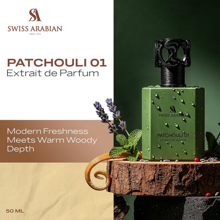 Swiss Arabian Patchouli 01 Long-Lasting Eau de Parfum 50ml – Unisex Luxury Perfume from Dubai, Modern Fougere with Lavender, Citrus & Warm Patchouli Woods