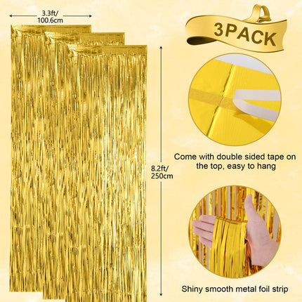 Gold Foil Fringe Backdrop Curtains, 3.3x8.2ft, 3 Pack