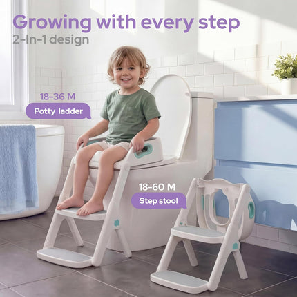 lalalark Potty Training Seat, 2-in-1 Toddler Toilet Seat with Steps, Upgrade Potty Step Stool for Toddler with Anti-Slip Pad Step Stool, Extended Splash Guard, Foldable Potty Ladder Boys Girls, Green