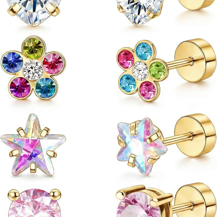 4Pairs Hypoallergenic Earrings for Women 316L Surgical Steel Heart Flower Star CZ Screw Back Stud Earrings 20G Flat Back Cartilage Earrings Set for Sensitive Ears