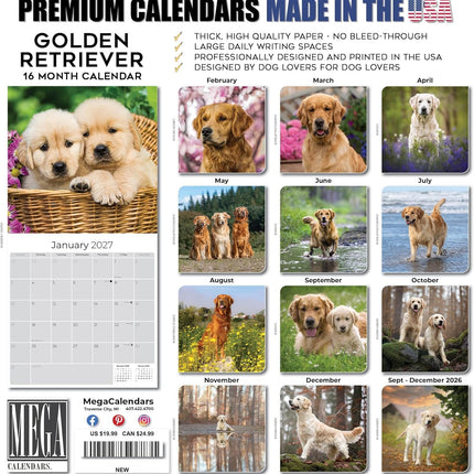 Golden Retriever Calendar 2026 – 16-Month Dog Breed Wall Calendar by MegaCalendars – Large Daily Blocks, Thick No-Bleed Paper, Made in USA