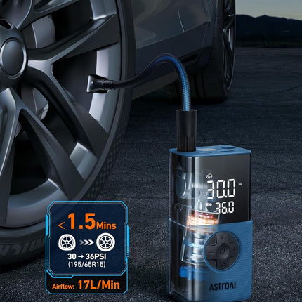 AstroAI Tire Inflator L7S Portable Air Compressor Cordless Bike Pump with Digital Dual Values Display, 150 PSI Car Tires Pump with LED Lights Air Pump for Cars, Motorcycles, Bikes, Balls Blue