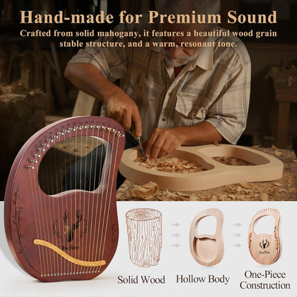 Lyre Harp, 19-String Mahogany Lyra Harp Kit, Stringed Musical Instruments with Tuning Wrench Bag Instructions Extra Strings for Beginners Adults