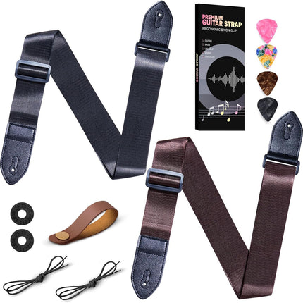 AARVI Guitar Strap 2 Pack - Black & Brown Adjustable Thickened Webbing with Leather Buckle for Acoustic/Electric/Bass