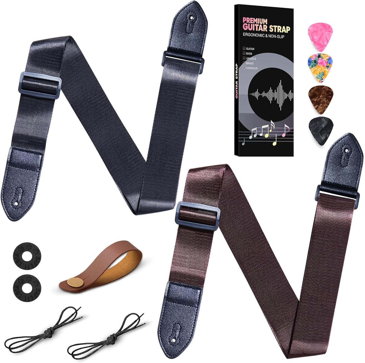 Guitar Strap 2 Pack - Adjustable Nylon Straps for Acoustic, Electric, and Bass