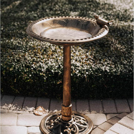 Backyard Expressions Outdoor Garden Bird Bath with Bird - Bronze - Weather Resistant Polyresin - 30 Inch