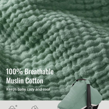 Blissful Diary Baby Car Seat Cover, Extra Large Mesh Window, Breathable Muslin Cotton, Infant Windproof Canopy, Must-Have Baby Gift - Roman Green