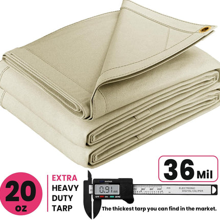 PROTARP Extreme Heavy Duty 20 OZ Water Resistant Canvas Tarp, UV Resistant Tarpaulin Cover with Rustproof Brass Grommets, Multipurpose for Canopy, Roof, Camping, Woodpile (Off White 5'X7')