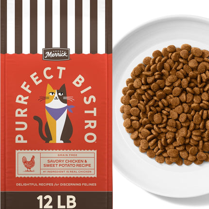 Merrick Purrfect Bistro Grain Free Chicken and Sweet Potato Recipe Natural Dry Cat Food for Adult Cats, High Protein, Outdoor or Indoor Cat Food - 12 lb. Bag