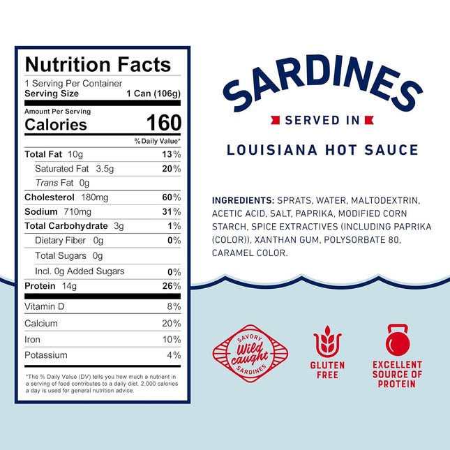 Wild Caught Sardines in Louisiana Hot Sauce, 3.75 oz Can