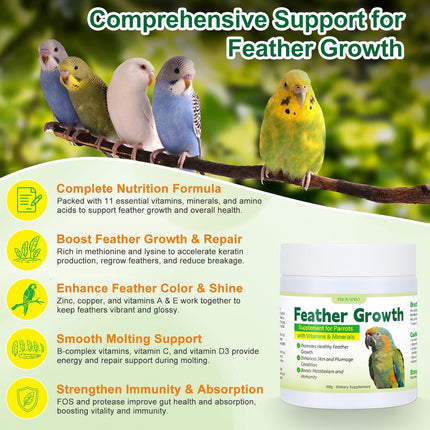 Parrot Feather Growth Supplement with Vitamins & Minerals Bird Feather Support Powder for Healthy Plumage Skin Condition Metabolism Support for Parrots and Companion Birds 60g