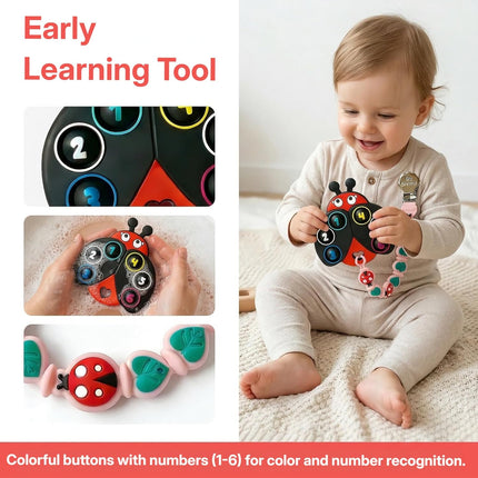 BIGSPINACH Teething Toy & Pacifier Clip Set,Ladybug Pop-It Teether & Pacifier Hold,Multi-Textured Chew Toy with Number Buttons for Early Learning, Baby Teething Relief (Black+Pink)