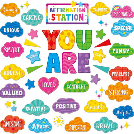 45pcs Bright Affirmation Station Bulletin Board Set Motivational Posters Classroom Mirror Growth Mindset Decor Positive Affirmations Accents Cutouts for School Office Home Teacher Wall Supply