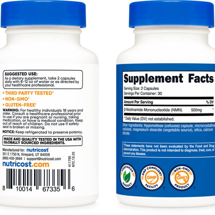 Nutricost NMN 500mg capsules for cellular energy and longevity support