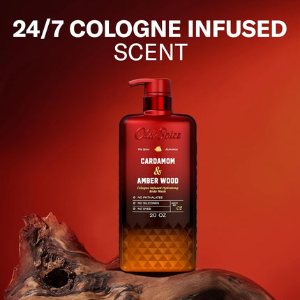 Old Spice Body Wash for Men, The Spice Alchemist Collection, 24/7 Cologne Infused Hydration, No Trade Off Formula, Free of Phthalates Silicones & Dyes, Cardamom + Amber Wood Scent, 20 oz