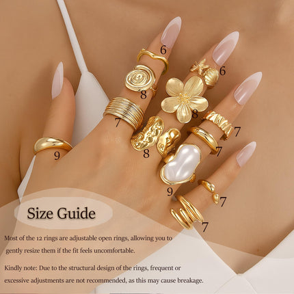 12 PCS Chunky Gold Plated Rings for Women Statement Flower Ring Set