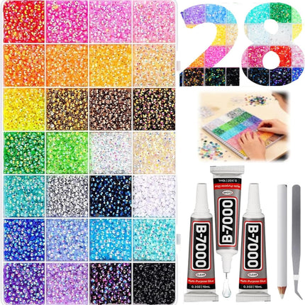 Multicolor High-Gloss Resin Flatback Rhinestones (3mm) with 3Pcs B7000 Jewelry Glue - DIY Bedazzling Kit for Diamond Art, Nail Art & Crafts (30000)