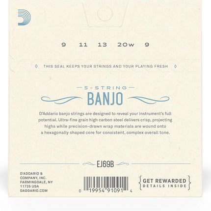 D'Addario Banjo Strings, Phosphor Bronze, EJ69B, Light Gauge 9-20, 5-String Set, Pack of 1