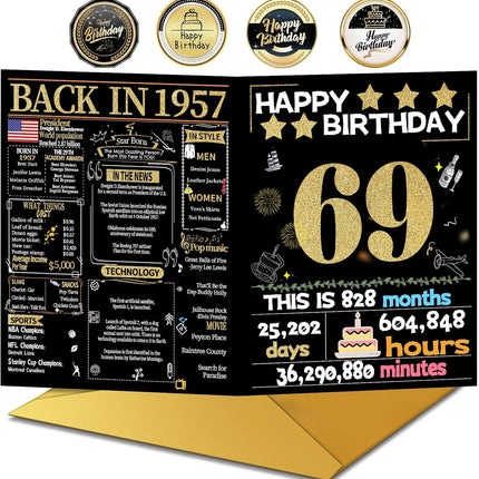 Joycard 69th Birthday Card with Envelope, 69th Birthday Decorations for Women Men, 69th Birthday Gifts for Mother Dad, Happy Birthday Cards for 69 Year Old Wife Husband, Back in 1957
