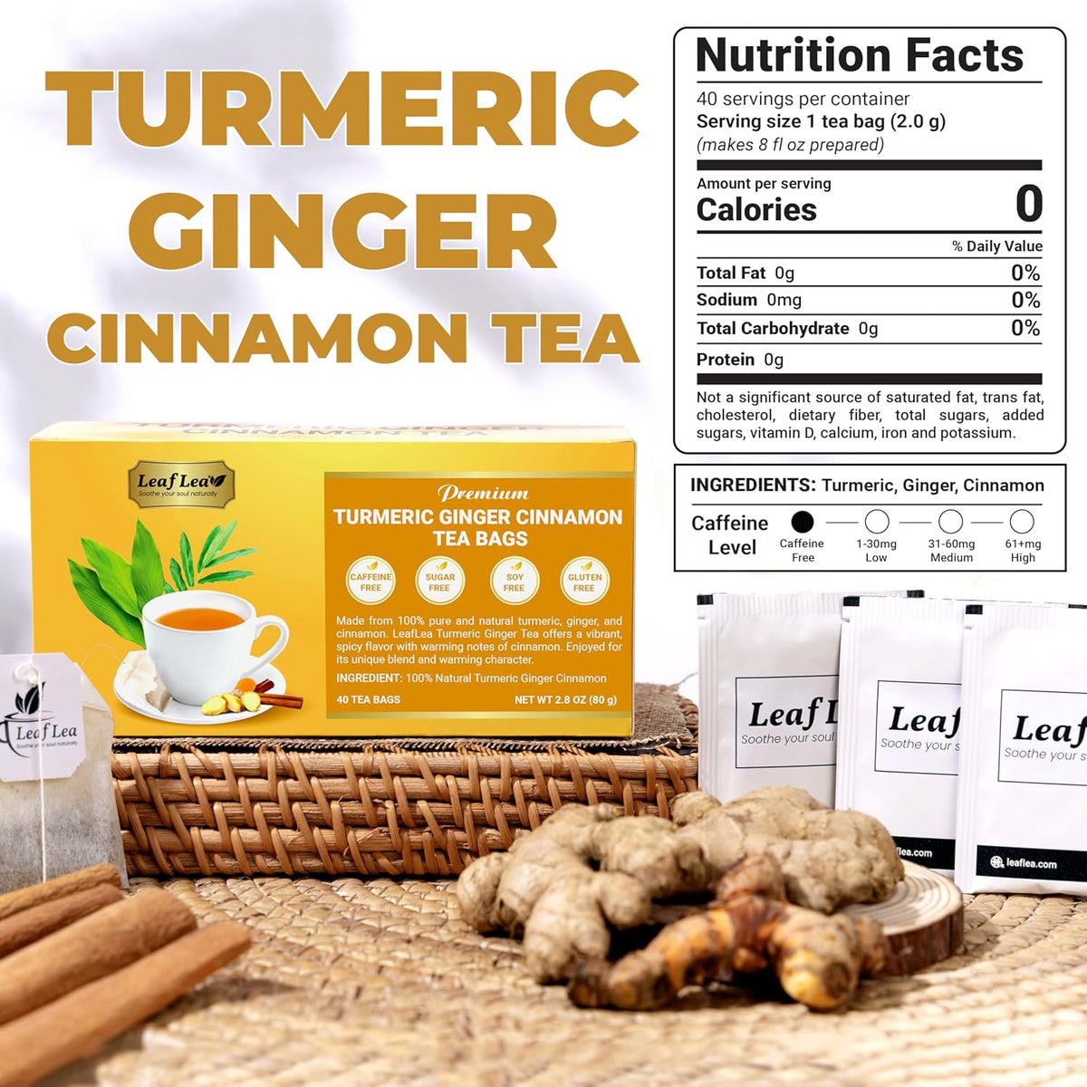 Turmeric Ginger Cinnamon Herbal Tea Bags, 40 Count - photo 2