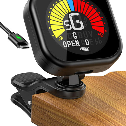 New Bee Guitar Tuner Clip-On Rechargeable with Color Screen 360° Rotatable Acoustic Chromatic Open Tuning for Guitar, Bass, Ukulele, Violin, Cello(Black, 1 Pack)