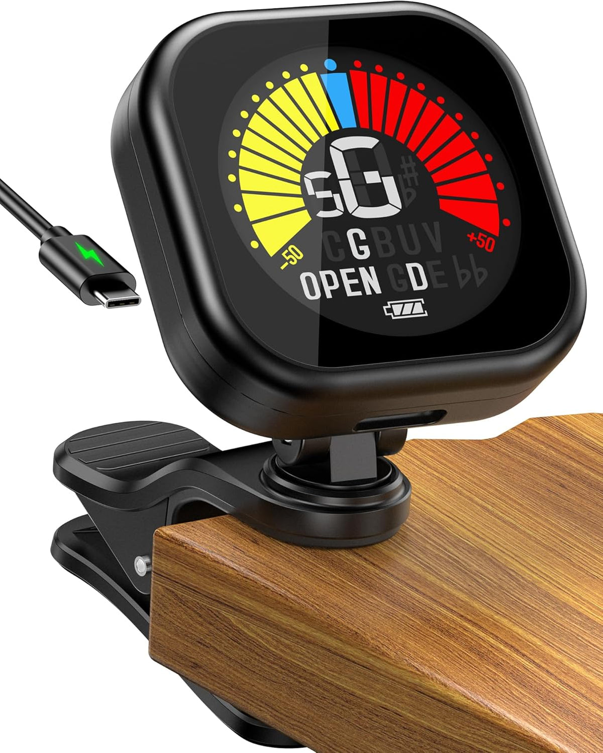 Guitar Tuner Clip-On Rechargeable with Color Screen 360° Rotatable Acoustic Chromatic Open Tuning for Guitar, Bass