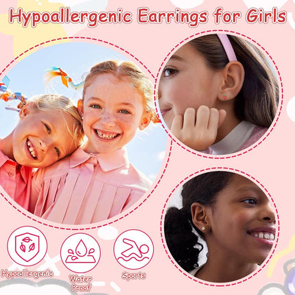 Hypoallergenic Earrings for Girls, Cute Toddler Earrings Kids Baby Flatback Screw Back Earrings 14k Real Gold Plated Small Pearl Flower Pink Heart Strawberry Surgical Steel Stud Earrings Set