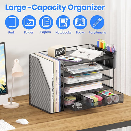 OPNICE Desk Organizer, 5-Tier Paper File Organizer with Drawer & Pen Holder, Office Desk Accessories, Workspace Desktop Organizer for Office Supplies(Black)