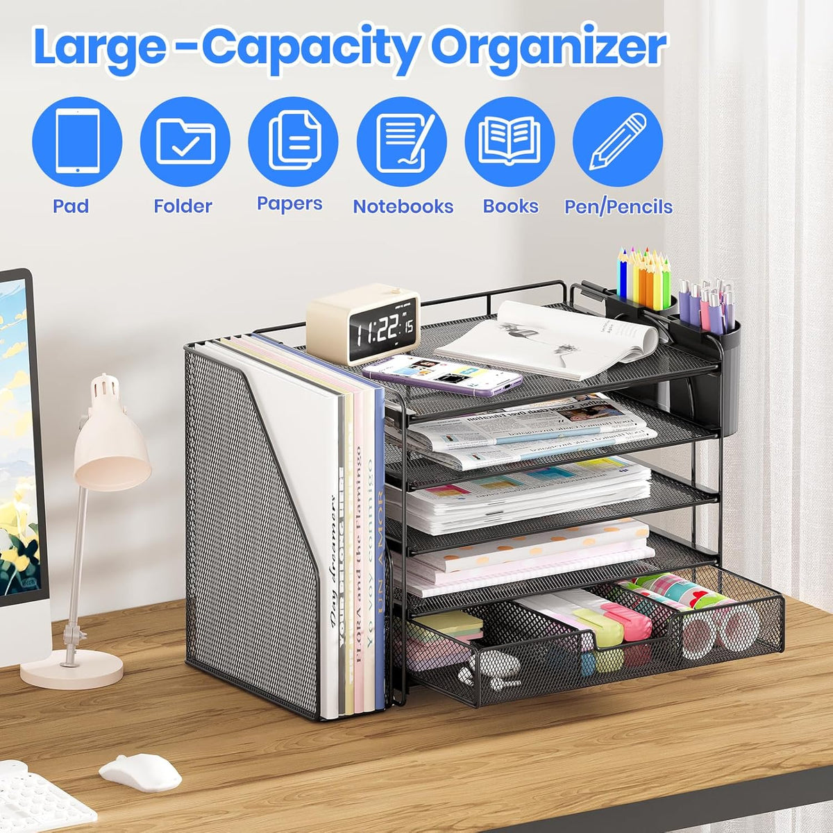 Black 5-Tier Desk Organizer with Drawer and Pen Holder - photo 4