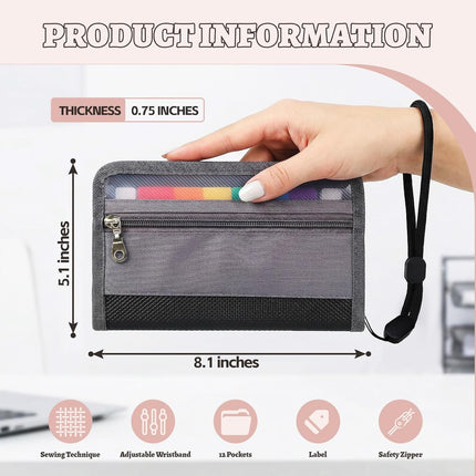 Portable Receipt Organizer & Coupon Holder, 12 Pockets Accordion Expanding File with Adjustable Wrist Strap, Zipper Closure Budget Organizer for Bills & Expense Tracking