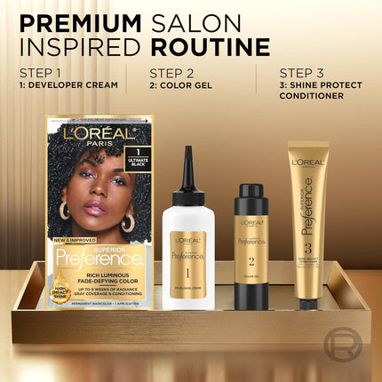 L'Oreal Paris Superior Preference Luminous Fade-Defying Permanent Hair Color, Hair Dye For Up to 9 Weeks of Radiance, Ultimate Black 1, 1 Hair Dye Kit
