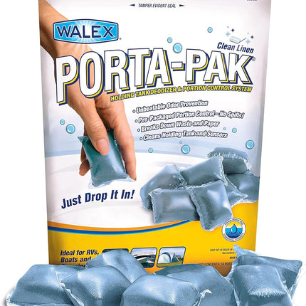 Walex Porta-Pak Black Holding Tank Deodorizer & Portion Control System Drop-Ins - Rapid Breakdown of Waste & Paper, Odor Prevention, Cleans Tank & Sensors - Clean Linen, 10-Pack