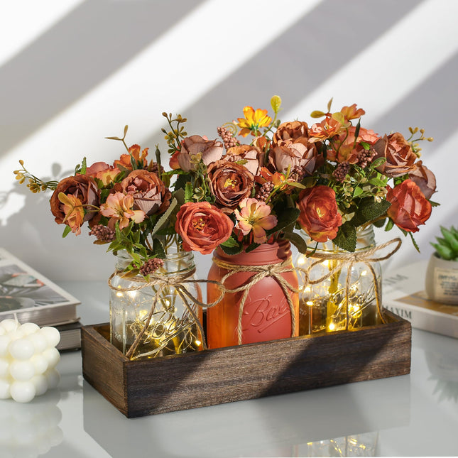 3 Pcs Mason Jar Centerpiece Table Decorations for Dining Table Decor Farmhouse Coffee Table Decor with Wood Tray and Led Light Table