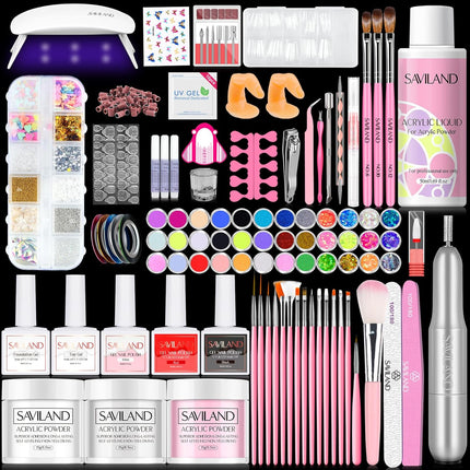 SAVILAND Acrylic Nail Kit with U V Light: HEMA & MMA Free Acrylic Set with Nail Drill Clear White Pink Acrylic Powder, 3 Colors Gel Nail Polish, Complete Manicure Tools for Acrylic Nail Home Salon Use