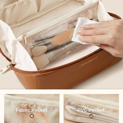 BAGSMART Makeup Bag Travel Cosmetic Bag, Large Make Up Bag Flat Open Toiletry Bag for Women, PU Leather Travel Essentials Organizer Case, Wide-open Pouch Purse for Skincare, Brushes, Classic Brown