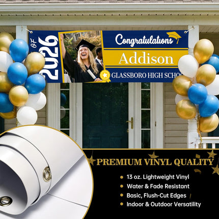 Personalized Graduation Banner with Photo, Custom Class of 2026 Graduation Decorations, Weatherproof Vinyl Congrats Grad Sign for Backyard Party, High School & College Outdoor Backdrop.