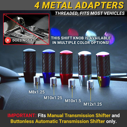 Premium Red Carbon Fiber Shift Knob - 4 Metal Threaded Adapters, 4 5 6 Speed Manual & Buttonless Automatic Transmission Cars, Weighted Gear Stick Shifter Knobs, (M8, M10x1.25/1.5, M12x1.25), JDM Style