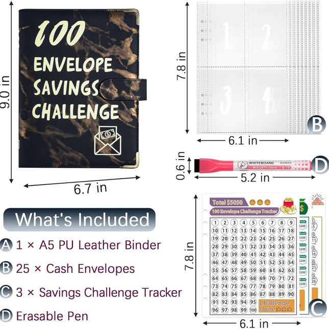 A5 Money Saving Challenge Binder, 25 Cash Envelopes, 3 Trackers and Pen, Marble Pattern