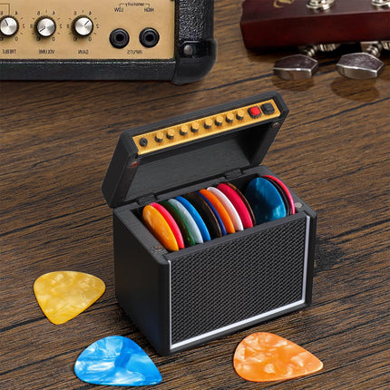 Guitar Picks Holder Box, Amp Speaker Styled Pick Holder with 5 Celluloid Guitar Picks, Guitar Pick Display Holder Storage Box Set for Guitar Players and Music Lovers