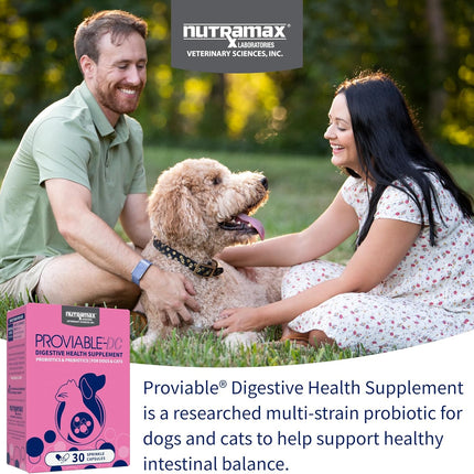 Nutramax Proviable Probiotics for Dogs and Cats, Daily Digestive Health Supplement with Multiple Strains of Bacteria, Cat and Dog Probiotics Plus Prebiotics, 30 Capsules