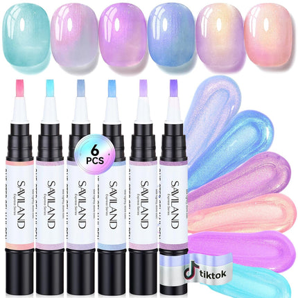 SAVILAND Express One-Step Gel Nail Polish Pens Set: 6 Pearl Pink Blue Colors 3 in 1 Gel Polish Set Base & Color Gel & Top in a Pen for Aurora Effect Easy to Use Travel 4ml (U V Lamp Needed)