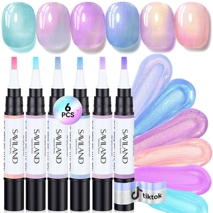 Express One-Step Gel Nail Polish Pens Set: 6 Pearl Pink Blue Colors 3 in 1 Gel Polish Set Base & Color Gel & Top in a