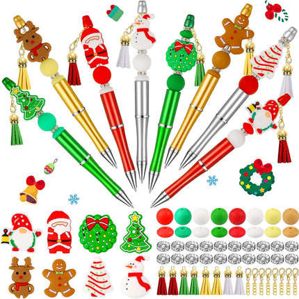 CZWZ 8 Pcs Christmas Beadable Pens, Plastic Beadable Pens with Multicolor Silicone Beads, Christmas Snowman Pine Tree Floral Hoop Deer Pens for Christmas Office School Supplies