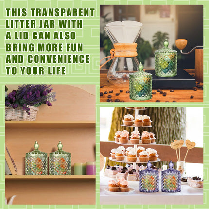 4 Pcs Crystal Glass Candy Jar Set with Lids Home Decorative Storage Jars for Apothecary, Bathroom, Kitchen, and Pantry, Ideal for Cotton Swabs and Jewelry (Medium,Green)