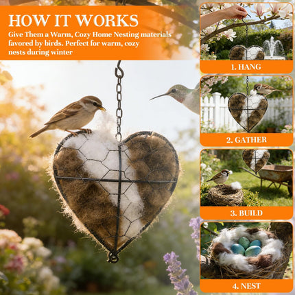 Handmade Alpaca Fiber Bird Nesting Heart–Refillable Natural Nesting Material Holder for Wild Birds,Hummingbirds&Chickadees,Winter Shelter&Garden Decoration,Spring and Summer Fowl Gifts for Bird Lovers